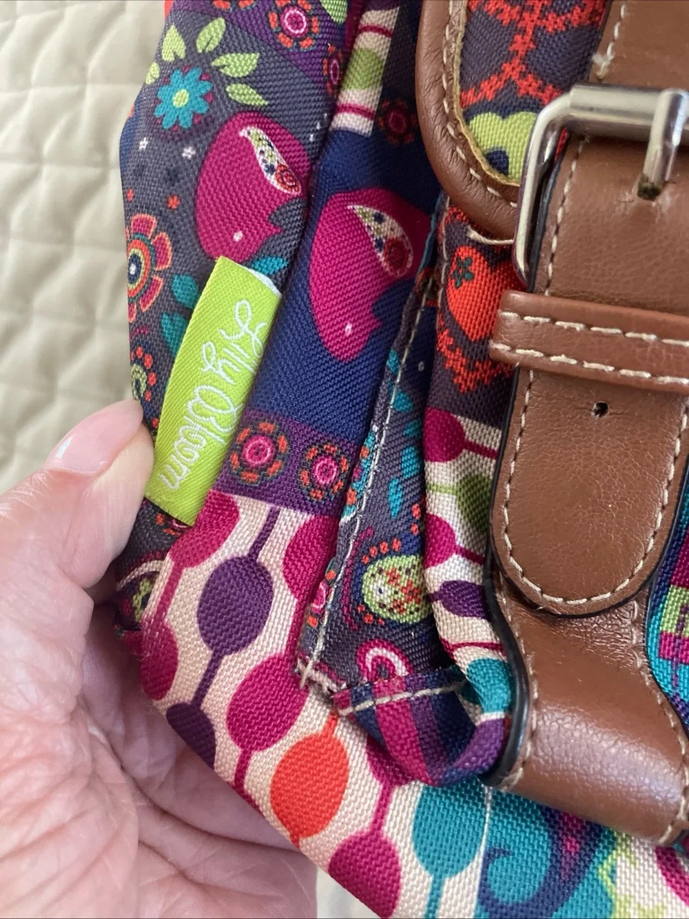 Lily Bloom Multicolor Patchwork Floral & Paisley Backpack with Brown Trim